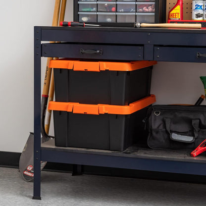 IRIS USA 12 Gallon Lockable Storage Bins with Lids, 2 Pack - Made in USA, Heavy Duty, Stackable Containers, Garage Organizing Bins Moving Tubs, Rugged Sturdy Equipment Utility Box - Black/Orange