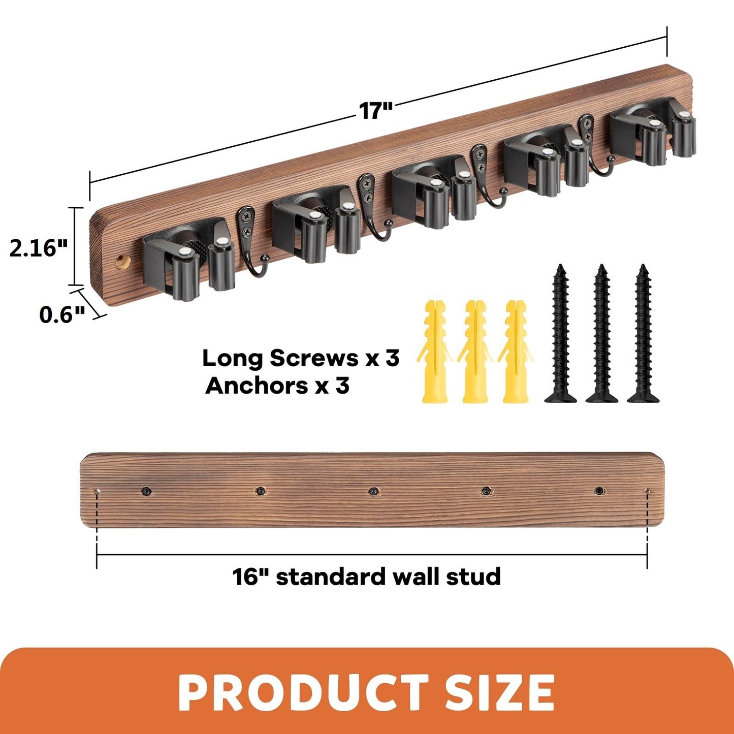 IMILLET Broom Holder Wall Mount, Rustic Wood Broom Hanger with 5 Racks and 4 Hooks, Laundry Room Organization and Storage, Mop Holder for Home Decor, Garden, Garage, Kitchen, Closet