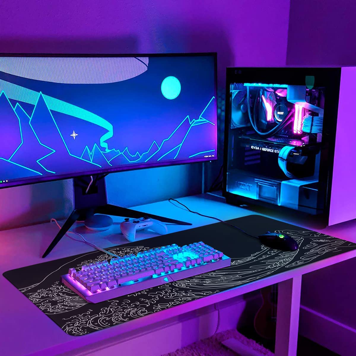 iCasso Mousepad, Gaming Mouse Pad, XXL Large Desk Mat, Big Rubber Base Mouse Mat with Stitched Edges, Computer Keyboard Desk Pad for Work, Game, Office, Home - Black Wave of Kanagawa