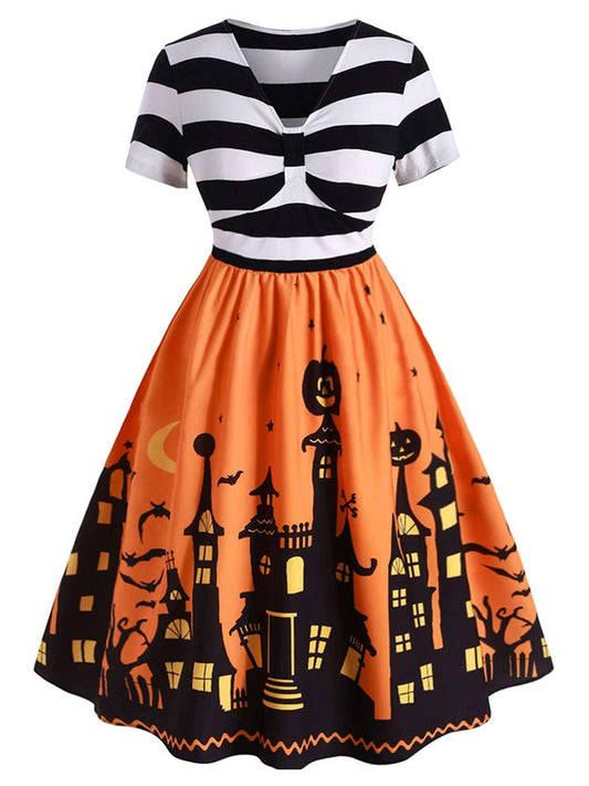 ZEZCLO Women's Plus Size Halloween Dress Funny Striped Pumpkin Halloween Costume Flared Dresses Orange 4XL