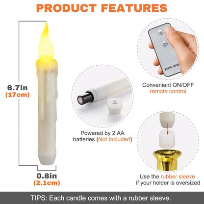 Yakpo 12 Pack LED Taper Candles Battery Operated with Remote, Flameless Flickering Halloween Floating Candle Lights Outdoor Electric Fake Candle Bulk for Chandelier Holder Christmas Party Decorations