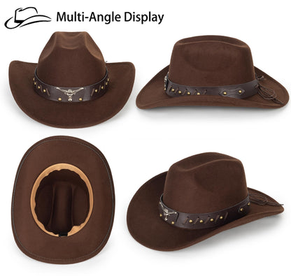 Womens Western-Cowboy-Hats Classic Felt-Hats - Rodeo Wide-Brim-Cowgirl Jazz-Hat with Buckle Belt(Lagre)