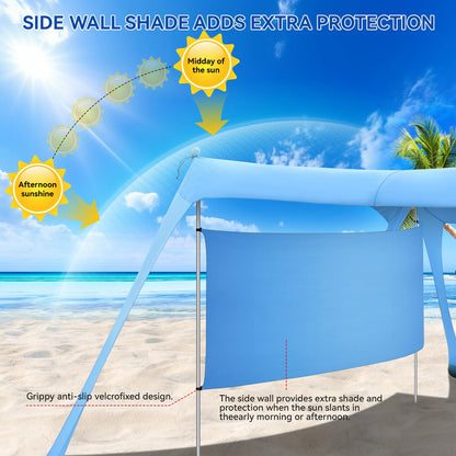 Large Beach Canopy UPF80+ Uv Protection Beach Tents Sun Shelter, Beach Shade Canopy with 8 Sandbags, 4 Stability Poles, Sand Shovel Ground Pegs for Outdoor Camping, Picnics (10x10ft, Sky Blue)