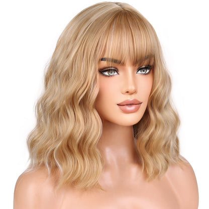 WTHCOS Brown Mixed Blonde Wigs for Women Girls Short Bob Wig blonde Wig Short Curly Wavy Blonde wig With Bangs Heat Resistant Synthetic Wigs for Cosplay Costume Party