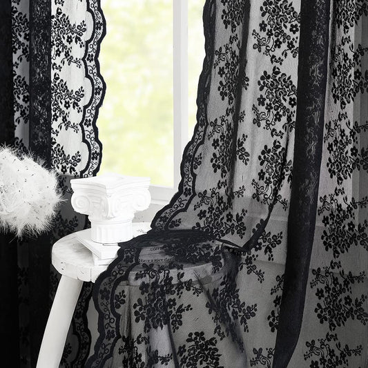 YJ YANJUN Black Sheer Curtains 54 inch Length- Goth Victorian Kitchen Lace Curtain Panel Halloween Short Curtains for Bathroom Window Coffin/Witchy/Gothic Home Decor 52 x 54 Inch Black
