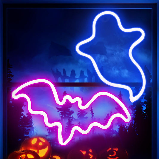 2 Pack Halloween Decoration LEDs Neon Sign Light Ghost Neon Sign Bat Lights Neon Signs Hanging Neon Signs for Halloween Party Decorations Indoor Home Window Decorations(Batteries Not Included)