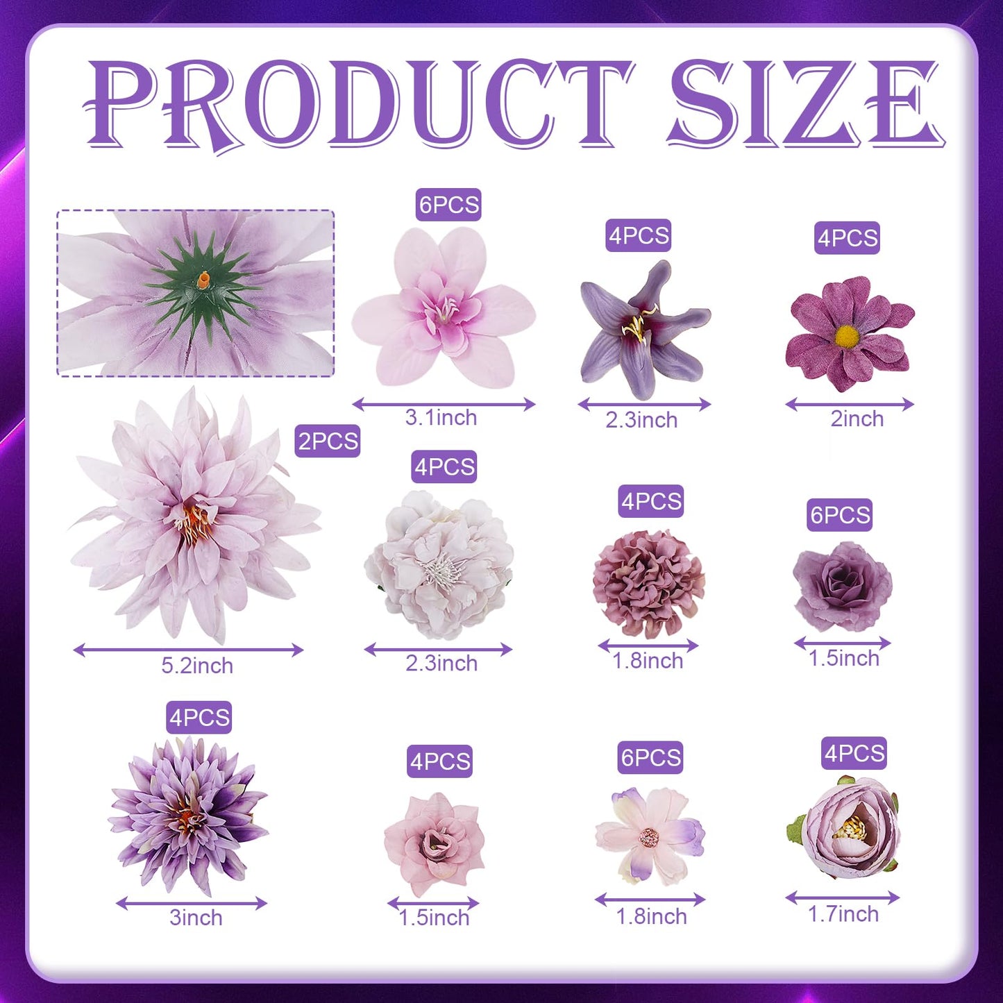 LACGO 48 PCS Artificial Flowers Heads, Fake Daisy Heads Bulk Silk Faux Rose DIY Cake Decor Blossom Garland Wreath Bouquets Crafts for Halloween Wedding Bridal Baby Shower Home Party Decoration(Purple)