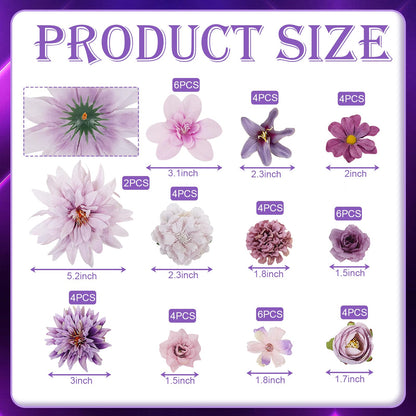 LACGO 48 PCS Artificial Flowers Heads, Fake Daisy Heads Bulk Silk Faux Rose DIY Cake Decor Blossom Garland Wreath Bouquets Crafts for Halloween Wedding Bridal Baby Shower Home Party Decoration(Purple)