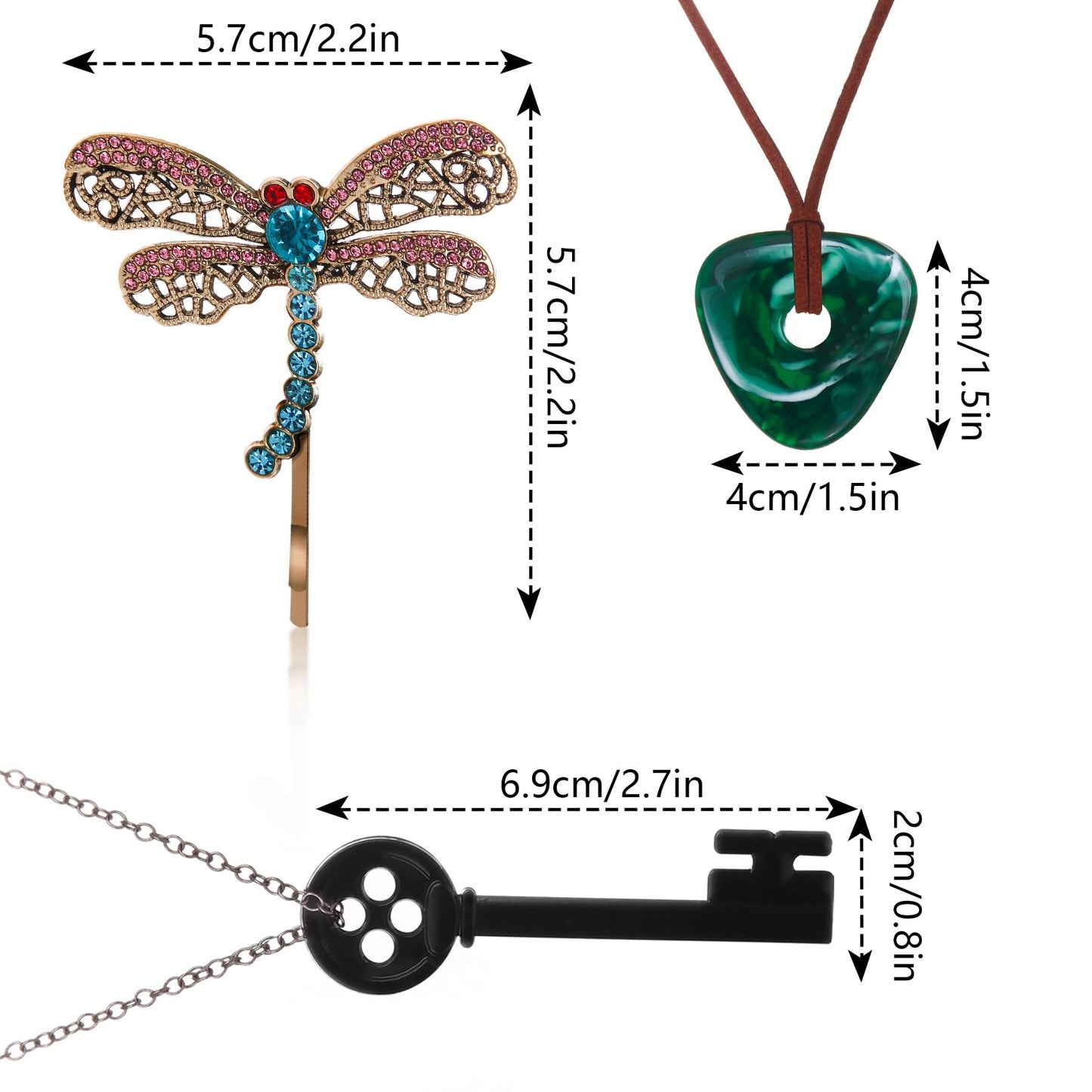 woxafo 3PCS Coraline Accessories Coraline Necklaces|Key Necklaces|Dragonfly Hair Clip for Women Men, Coraline Jewelry for Halloween Costume Cosplay Movie Props Dress Up
