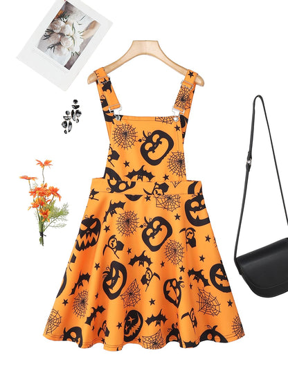 YOINS Women's Pumpkin and Ghost Print Overall Dress Suspender Skirt Pinafore Dresses Pumpkin Orange X-Large