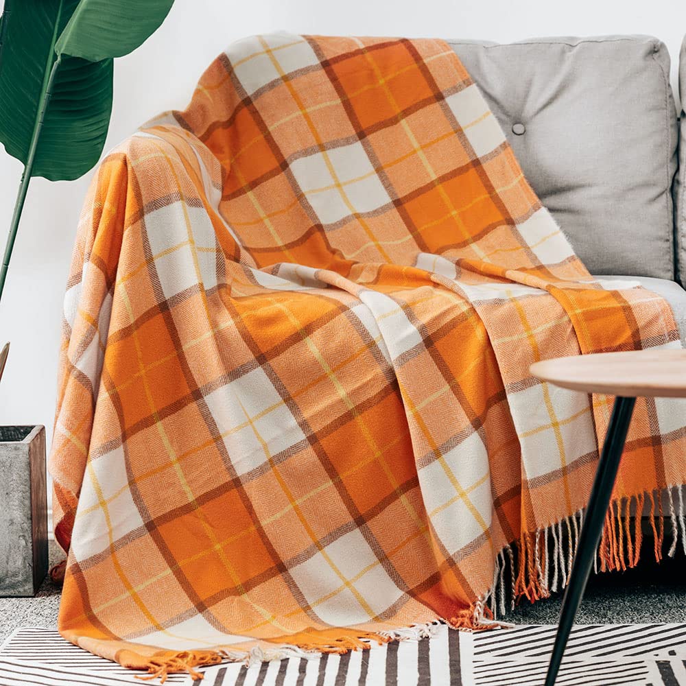 LALIFIT Decorative Faux Cashmere Throw Blankets Soft Fluffy Classic Orange Plaid Fringe Throw Blanket with Tassels Cozy Lightweight for Home Couch Sofa Farmhouse Halloween Decor 50" x 60" (Pumpkin)