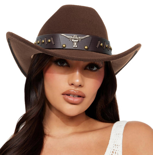 Womens Western-Cowboy-Hats Classic Felt-Hats - Rodeo Wide-Brim-Cowgirl Jazz-Hat with Buckle Belt(Lagre)