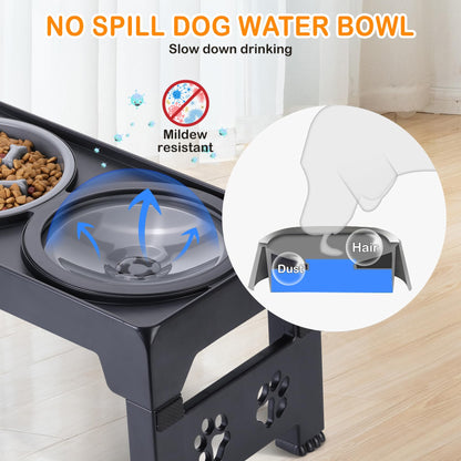 LALOBLUE Elevated Dog Bowls, Raised Slow Feeder Dog Bowls with No Spill Water Bowl, Dog Bowl Stand Adjusts to 5 Heights 2.95", 8.46", 9.65", 10.82", 12.01" for Small Medium Large Dogs and Pets, Black