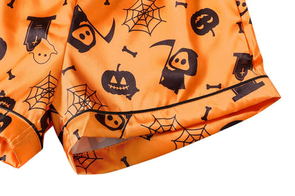 YIJIU Womens Halloween Satin Silky Pajama Sets Short Sleeve Sleepwear Button Down Loungewear 2 Piece Pjs Shorts Set,Halloween Orange,XS