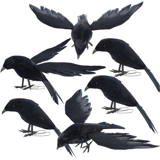 YOFIT Halloween Crow Decorations 6 Pack, Assorted Size Handmade Black Feather Birds Prop, Artificial Ravens Décor for Outdoor Indoor