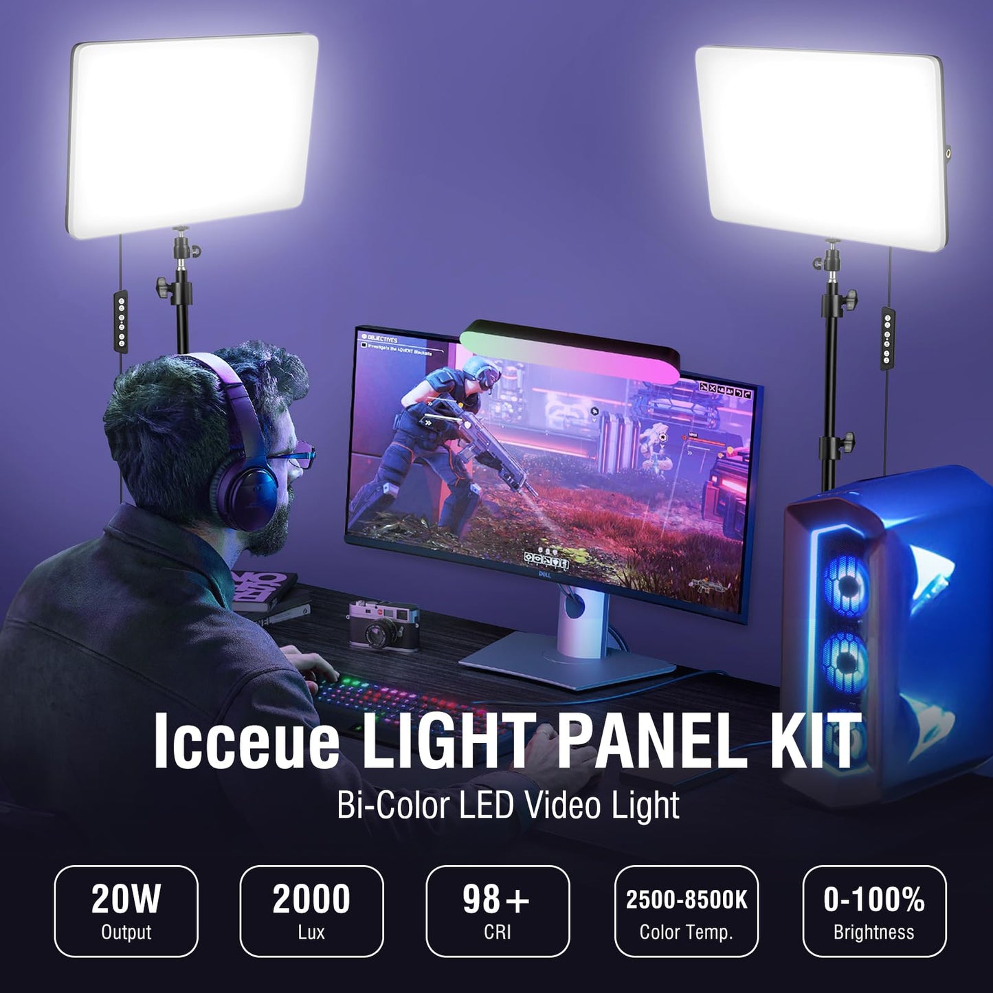 2-Pack LED Video Light Kit with 63'' Tripod Stand, Icceue 2500K-8500K Dimmable Studio Light Photography Panel Lighting for Video Recording Game Live Streaming Podcast YouTube Filming, Phone Holder