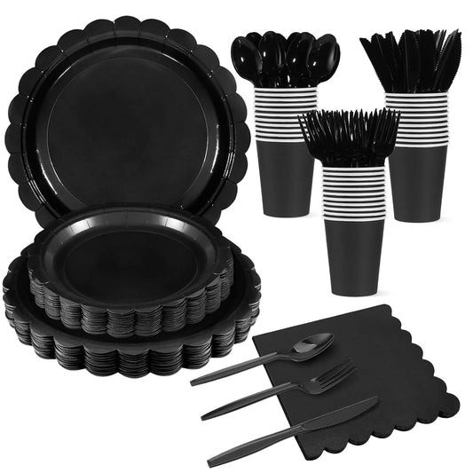 Xiangqu 175 Pcs Black Plates and Napkins 25 Guest Halloween Plates Set Black Party Supplies Includes Scalloped Party Plate Napkins Cups Plastic Cutlery for Birthday, Halloween, New Year