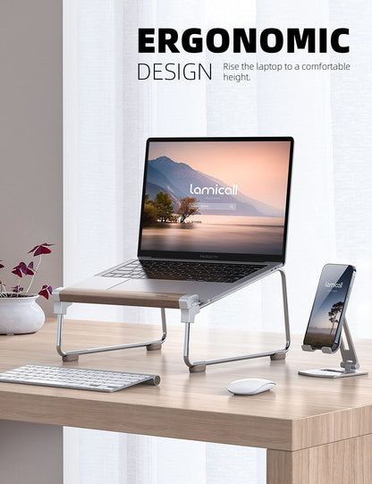 Lamicall Laptop Stand for Desk - Aluminum and Wooden Desktop Notebook Stand Holder, Ergonomic Laptop Holder for MacBook Air/Pro, Dell, Hp, Msi, Asus, Acer, Chromebook, Surface Pro and 10-16'' Laptop