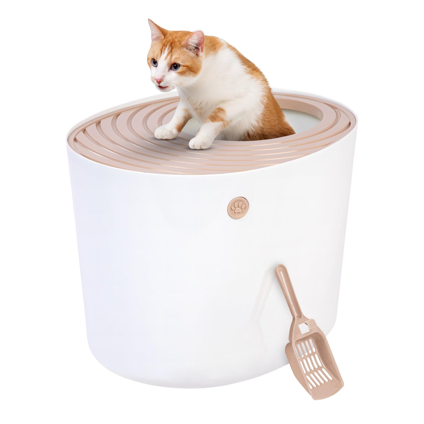 IRIS USA Cat Litter Box, Large Top Entry with Litter Catching Lid and Scoop, Dog Proof, Cat Box Enclosure, Beige/White