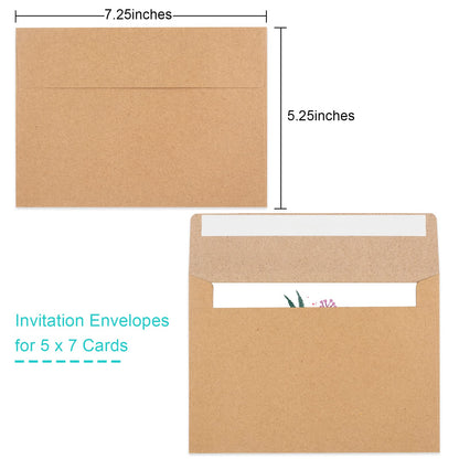 50 Pack Brown Kraft Envelopes, 5x7 Envelopes for Invitations, A7 Invitation Envelopes for Personalize Gift Cards, Wedding, Baby Shower, Birthday Party