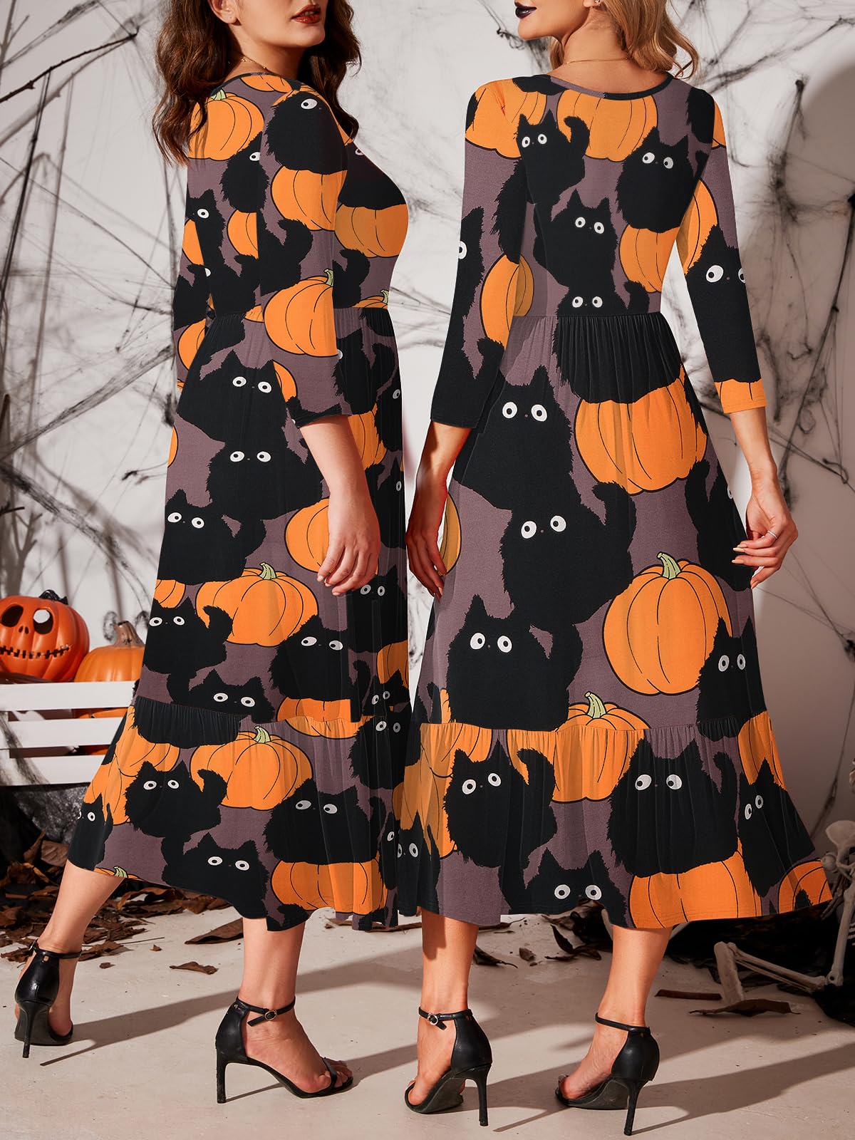 LARACE Halloween 3/4 Sleeve Dresses for Women Plus Size Casual Long Maxi Fall Winter Dress with Pockets(Halloween Pumpkin Cat 2X)