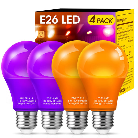 Woxeon Orange Light Bulbs Purple Light Bulbs [4 Pack] - A19 LED Orange Bulb Purple Bulb 9W (60W Equivalent) - E26 Base Outdoor for Halloween Party Porch Holiday Decor