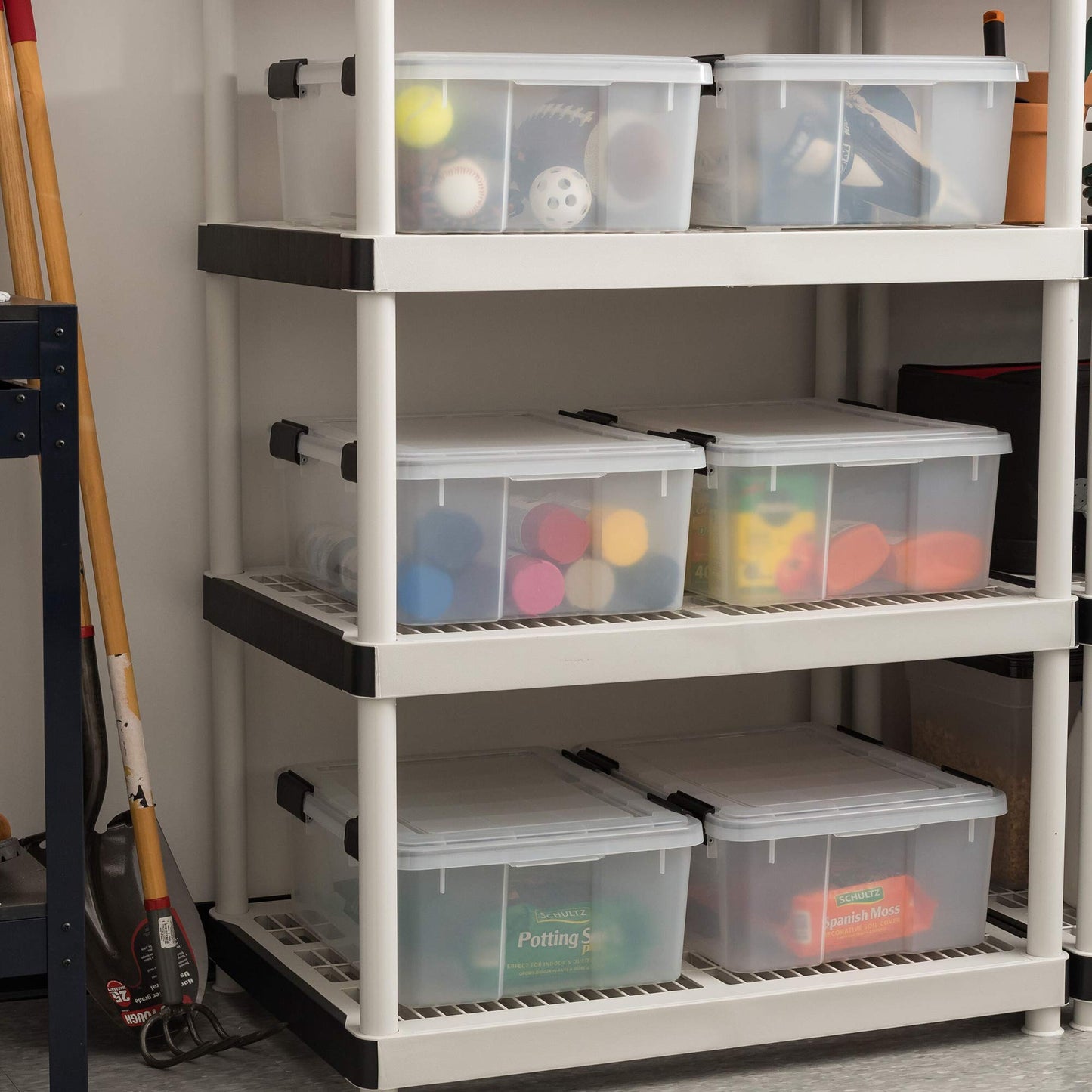 IRIS USA WeatherPro 31 Qt Storage Bins with Lids, 6 Pack, BPA-Free Plastic Gasket Box with Tight Latch and Seal, Stackable Nestable Tote Tub - Clear/Black