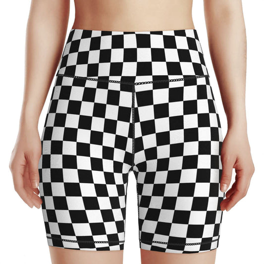 Yaateeh Checkerboard Chess Board Women's High Waist Bike Shorts for Workout Sports Athletic Running Hiking Biker Yoga Gym Medium Black
