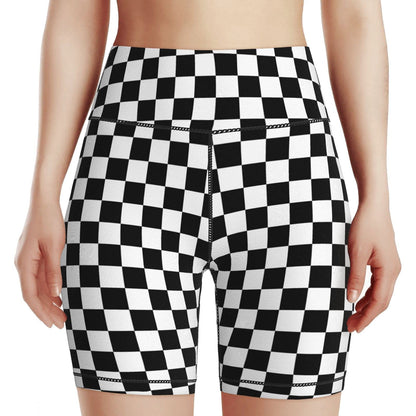 Yaateeh Checkerboard Chess Board Women's High Waist Bike Shorts for Workout Sports Athletic Running Hiking Biker Yoga Gym Medium Black