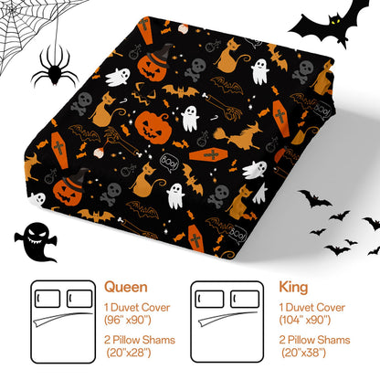 WONGS BEDDING Halloween Duvet Cover Set Queen Size,Black Bedding Set with Halloween Theme Pumpkin Witch Ghost Skull Black Cat Bat Patterns Duvet Cover for Halloween 90"x90"(Not Comforter)