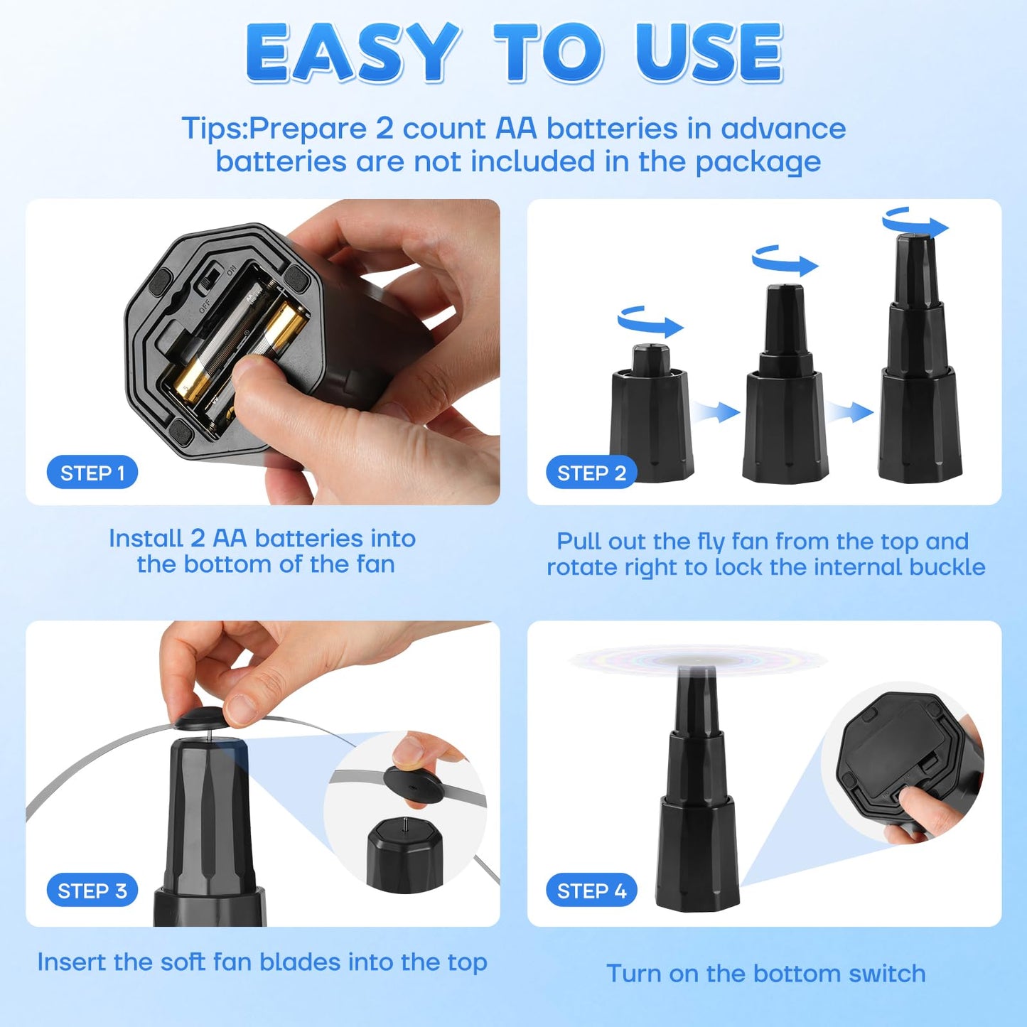 hyxjzh Fly Fans for Tables, Bug Fans with Holographic Blades, Battery Operated Fly Repellent Fan, Keep Flies Away from Picnic, BBQ, Restaurant, Party, Indoor and Outdoor, 4 Pack