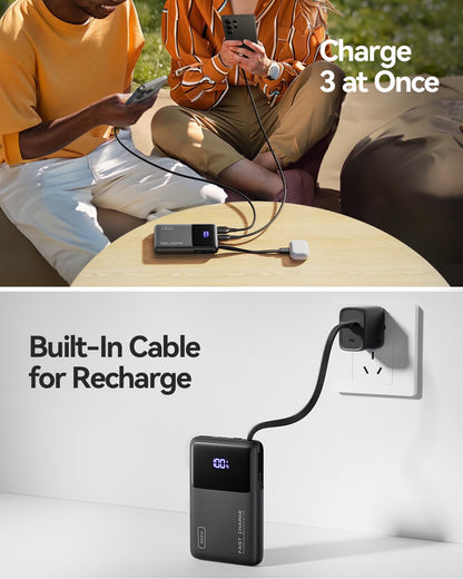 INIU 45W Power Bank, Slimmest 10000mAh Portable Charger with Build in USB-C Cable, Fast Charging USB C in&Out Battery Pack, Travel External Phone Charger for iPhone 16 15 Samsung S24 S23 Google etc