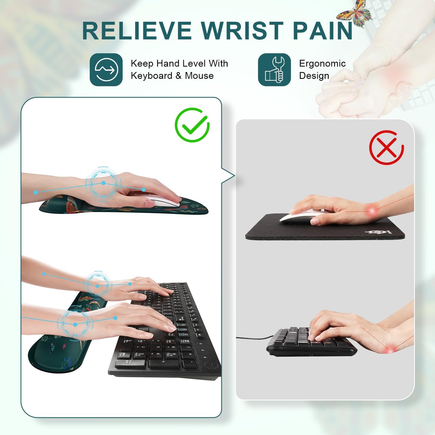 iCasso Ergonomic Mouse Pad with Wrist Rest, Keyboard Wrist Rest Mouse Wrist Rest, Made of Memory Foam, Easy Typing and Relieve Wrist Pain for Computer Keyboard Office(Green Butterfly)