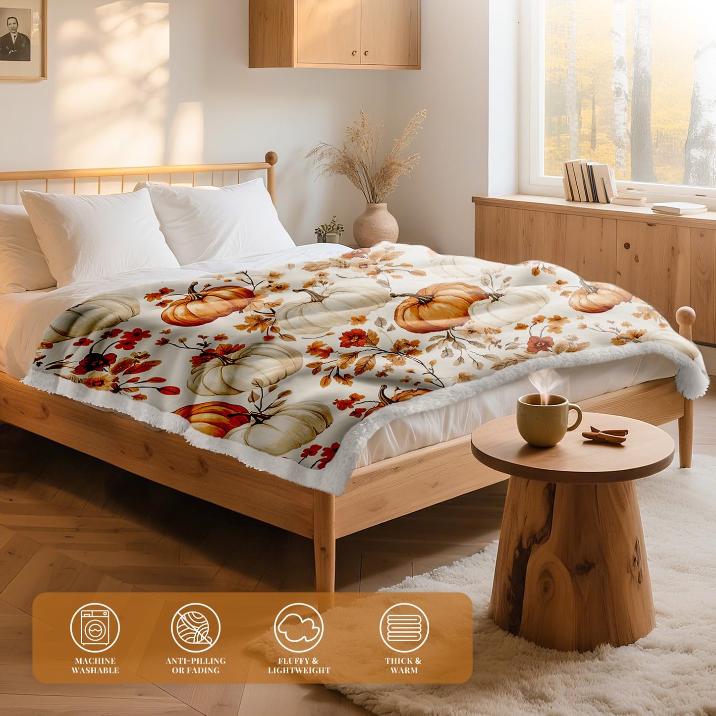 Lanpn Fall Pumpkin Flannel Throw Blanket, Soft Warm Flannel Sherpa Fleece Throws Orange Pumpkins Leaves Blanket for Couch Bed, Cozy Autumn Throw Blankets Farmhouse Thanksgiving Home Decor, 50"x60"