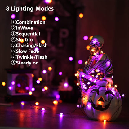 iBaycon 2 Pack 50 LED Battery Halloween Lights, 16.4ft Battery Operated Halloween Lights, Orange Purple Waterproof Twinkle Fairy Lights with 8 Modes & Timer for Indoor Outdoor Halloween Decorations
