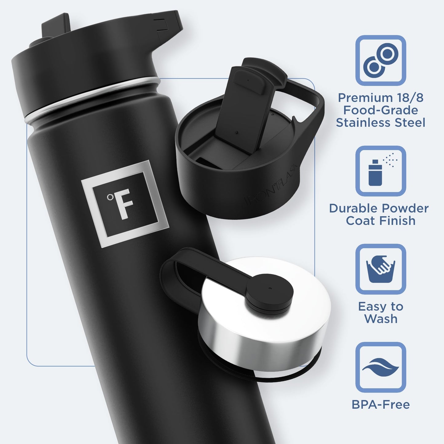 IRON °FLASK Camping & Hiking Hydration Flask with 3 Lids - Stainless Steel, Double Walled & Vacuum Insulated Water Bottle - Leak Proof & BPA Free (Midnight Black, Straw - 22 oz)