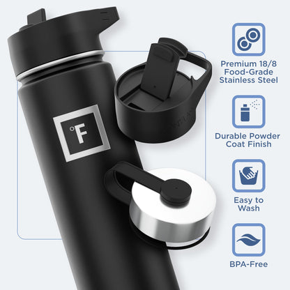 IRON °FLASK Camping & Hiking Hydration Flask with 3 Lids - Stainless Steel, Double Walled & Vacuum Insulated Water Bottle - Leak Proof & BPA Free (Midnight Black, Straw - 22 oz)