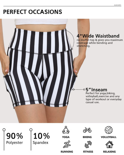ZLLW Women's High Waist Cute Print Workout Yoga Shorts, 5 inch Striped Shorts with Pockets for Biker/Athletic/Gym/Running Small