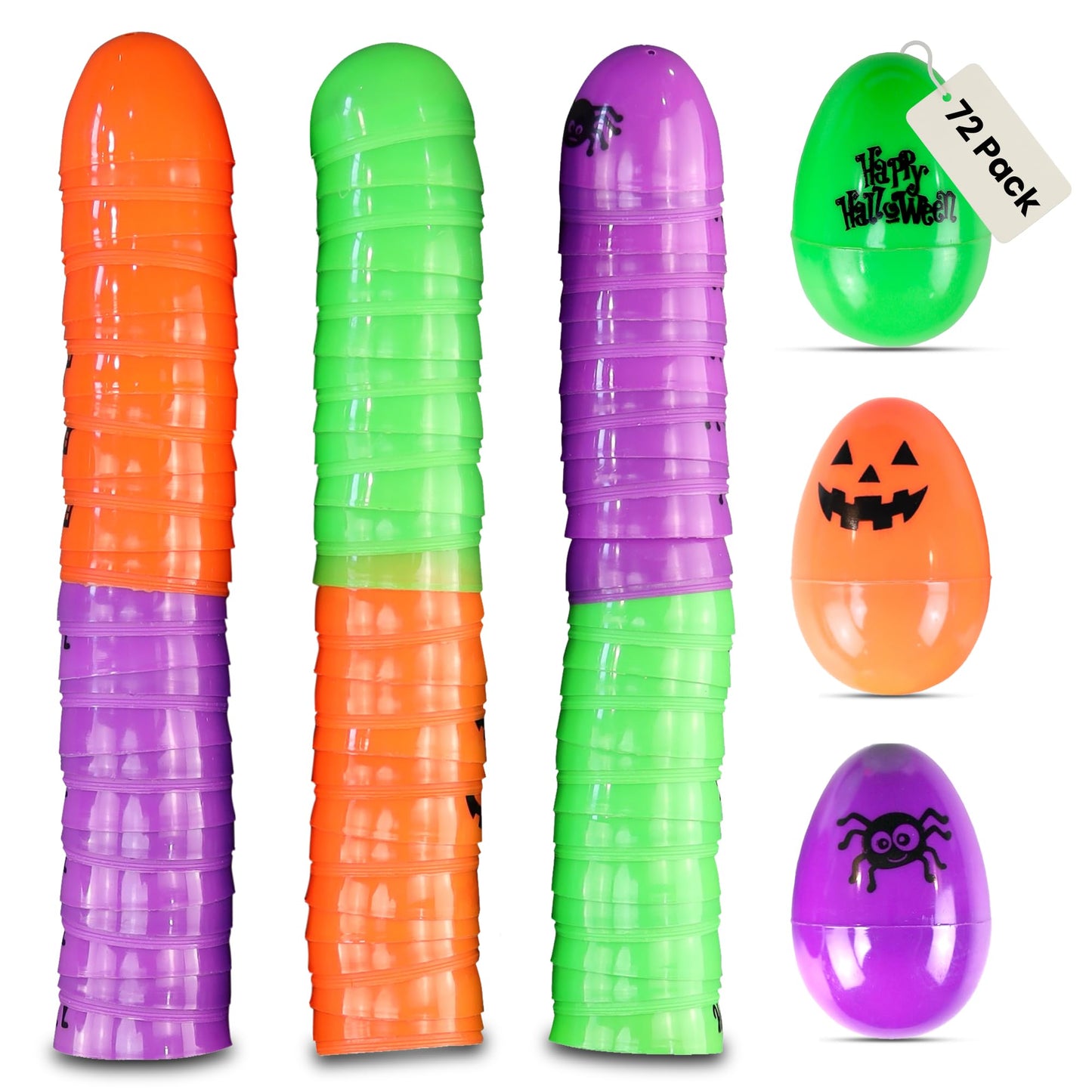 Iconikal 72-Count Halloween Eggs - Durable Plastic Holiday Treat Containers in Orange, Neon Green, and Purple Featuring 6 Different Fun Designs (2.3 x 1.6)