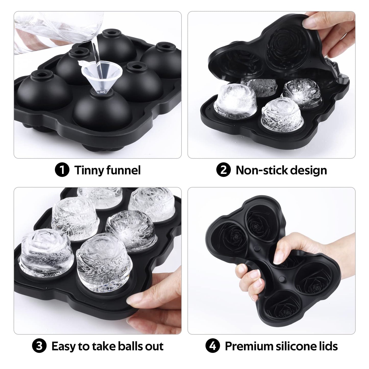 Ice Cube Tray, Mikiwon 2 inch Rose Ice Cube Trays With Covers, 6 Cavity Silicone Rose Ice Ball Maker, Easy Release Large Ice Cube Form for Chilled Cocktails, Whiskey, Bourbon & Homemade Juice Black