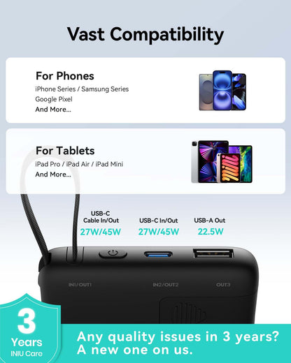 INIU 45W Power Bank, Slimmest 10000mAh Portable Charger with Build in USB-C Cable, Fast Charging USB C in&Out Battery Pack, Travel External Phone Charger for iPhone 16 15 Samsung S24 S23 Google etc