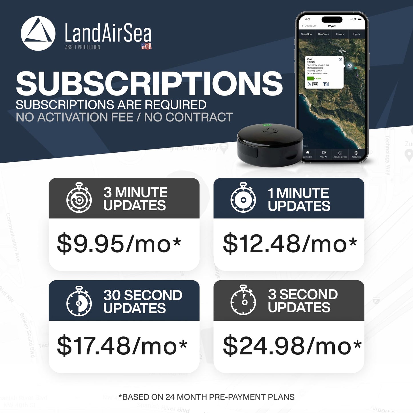 LandAirSea 54 GPS Tracker - Made in the USA from Domestic & Imported Parts. Long Battery, Magnetic, Waterproof, Global Tracking. Subscription Required
