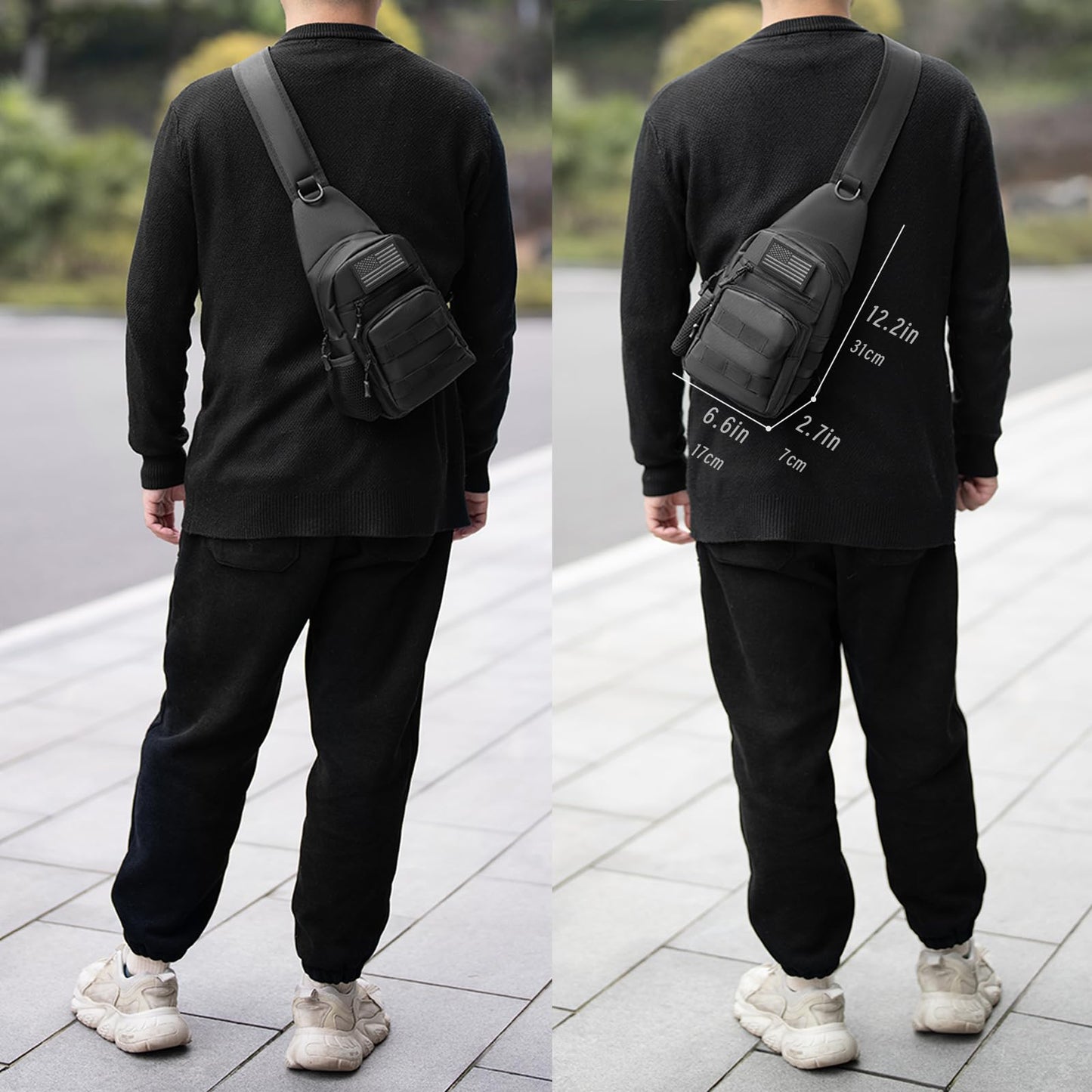 Laoyemen Tactical Sling Bag with Flag Patch - Military Backpack for Hiking, Hunting, Fishing - Crossbody Bags for Men