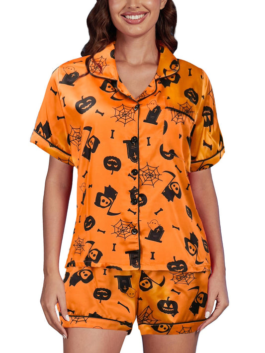 YIJIU Womens Halloween Satin Silky Pajama Sets Short Sleeve Sleepwear Button Down Loungewear 2 Piece Pjs Shorts Set,Halloween Orange,XS