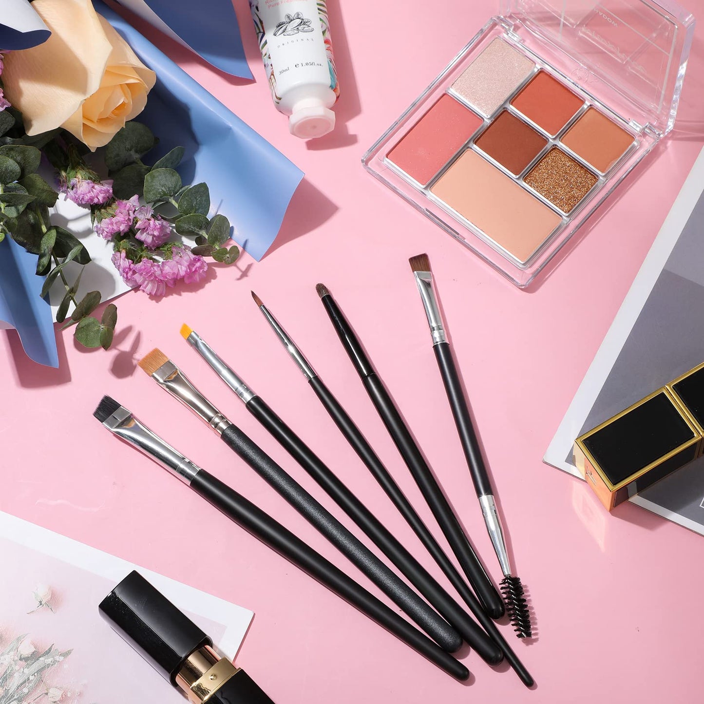 Zopeal 6 Pieces Eyebrow Brush Set Makeup Brush Set Flat Eyeliner Thin Angled Comb Firm Brow Eye Shadow Eyeliner Black Duo Spoolie for Eye Makeup