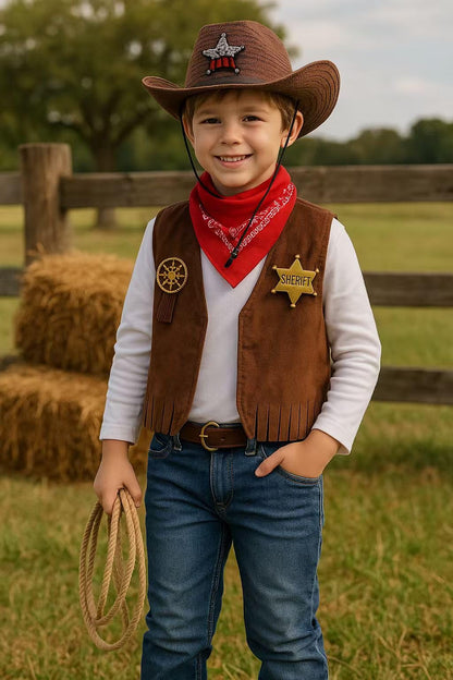 ZZIHAN Kids Cowboy Costume Vest for Boys Cowboy Accessories Hat Bandanas Sunglasses Metal Sheriff Badges Dress up for Boys Girls Birthday Party Halloween Christmas Cosplay Gift 7-8 Year