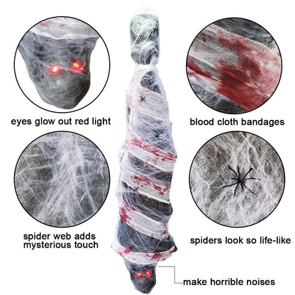 Zcaukya Halloween Decorations, 72 Inch Hanging Spooky Scary Creepy Mummy Decoration with LED Glowing Eyes and Voice Activated for Halloween Party, Haunted House, Yard, Ceiling, Indoor Outdoor Decor