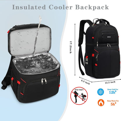 Insulated Cooler Backpack,Double Deck Leak Proof Cooler Bag,Insulated Backpack Cooler Lunch Backpack for Men Women,Black & Red