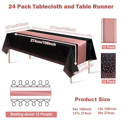 24Pack Disposable Plastic Tablecloth and Satin Table Runner Black and Rose Gold Dot Tablecloth Rose Gold Satin Table Runner for Wedding Birthday Baby Shower Anniversary Christmas New Year Party Supply