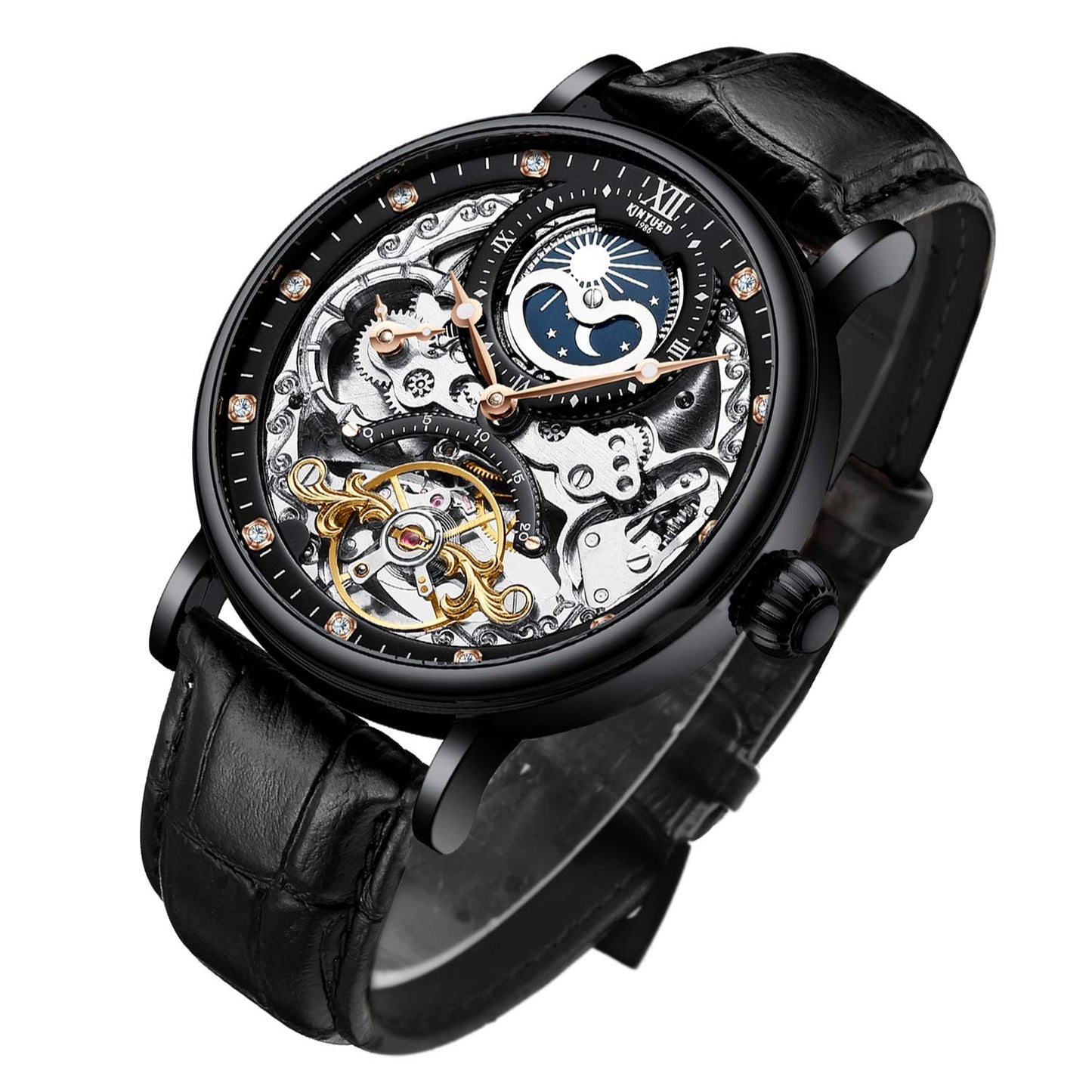 IK COLOURING Mens Luxury Skeleton Automatic Mechanical Wrist Watches Leather Moon Phrase Luminous Hands Self-Wind Watch